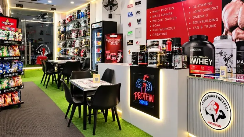 Seating and counter inside the store